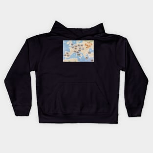 European cities old style hand drawn line art vector illustrations displayed on a map Kids Hoodie